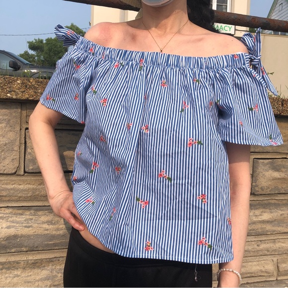 Blue Striped Off-shoulder Blouse Tee - Picture 7 of 13